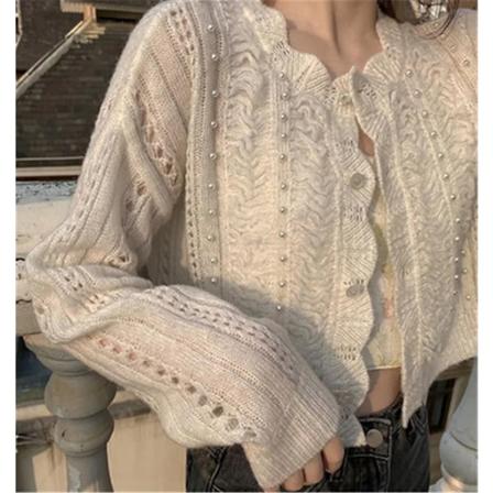 Moderigtig Ny Dame Forår Efterår Trøje Cardigan Strik Perle Hullet Ensfarvet Rufflet Korte Knapper Wo Dame Tøj WHITE One Size