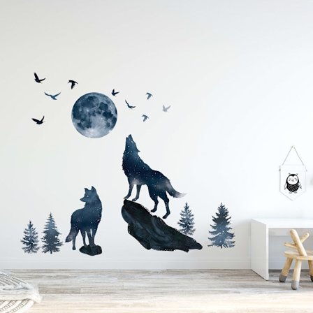 Kuun susi seinätarra Midnight Wolf -linnut seinätarroja makuuhuoneeseen ja olohuoneeseen