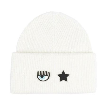 Chiara Ferragni Collection Eye/Star Silicon Patch Beanie vit, Dam Hattar, Dam, Storlek: ONE SIZE