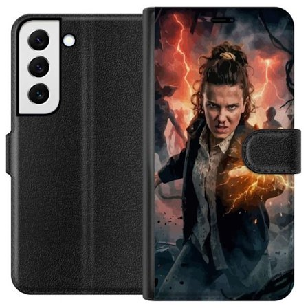 Kompatibelt Plånboksfodral till Samsung Samsung Galaxy S22+ 5G Kraftfull fantasibild av en ung kvinna med blixtenergi och mörk bakgrund, dramatiskt