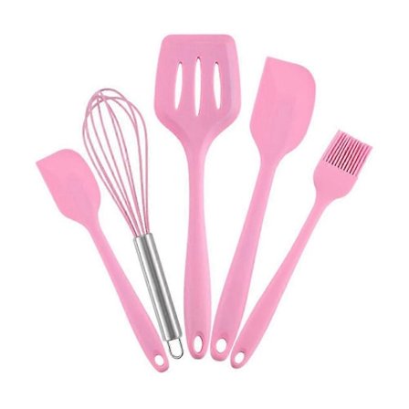 Kjøkkenredskapssett - Silikonrørhåndtak Kjøkkenutstyr 5-Deler Non-Stick Wok - Rosa