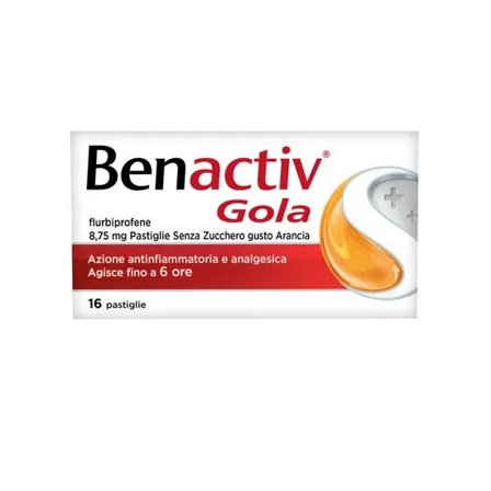 Benactiv Gola per il Mal di Gola 16 Pastiglie Gusto Arancia Senza