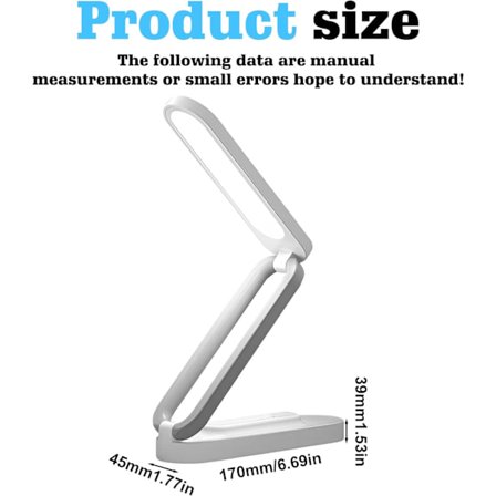 Sammenleggbar Trådløs LED Skrivebordslampe - 3 Nivåer Dimbar Bordlampe - Øyevennlig - USB Oppladbar Leselampe - Kontroll [Energiklasse E]