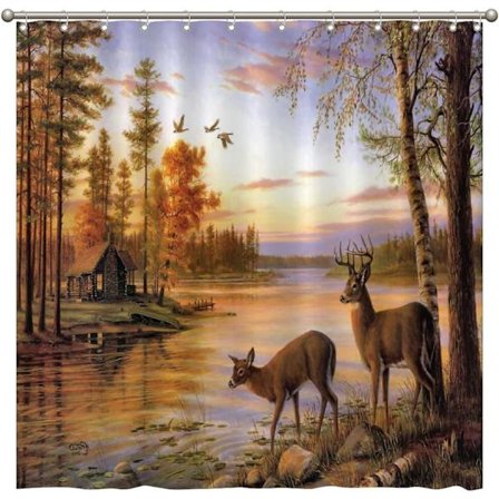 Baderomsdusjforheng, Hjort i elv Skog Solnedgang Elv, 180 x 180 cm, Vinduer med metallkroker