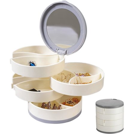 Smykkeskrin, 4 lag 360 graders roterende øreringeopbevaring med spejl, rejsesmykkeskrin smykkeopbevaringsetui