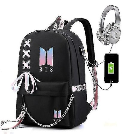 Bts Rygsæk Skole Rygsæk til mandlige og kvindelige studerende Ekstern USB/hovedtelefonsport