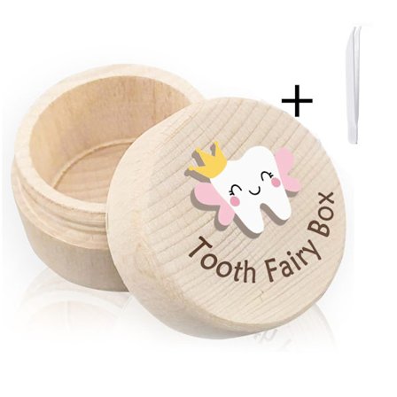 Tandæske i træ til babys første tand med lille pincet - Kønsneutral baby shower gave til drenge og piger - Tandfe-æske