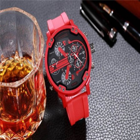 Herrar Versatile Fashion Handsome Super Large Dial Dubbla Insatser Gummibelagd Stålband Klocka Red Tape Watch