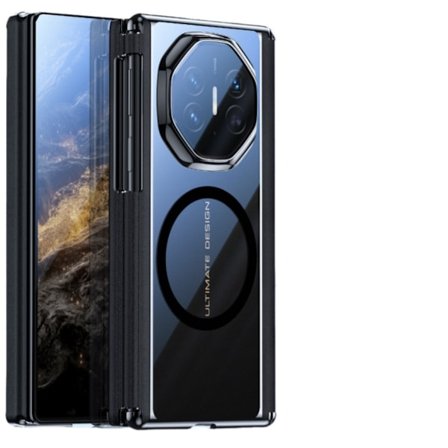 Musta magneettinen puhelinkotelo, yhteensopiva Huawei Mate XTs -puhelimen kanssa, kirkkaalla lasitaustalla