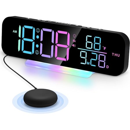 Extra högt vibrerande väckarklocka med sängvibrator för tunga sovare, hörselskadade döva, justerbar volym, dimmer, stor LED-display med RGB-natt