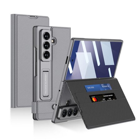 Fodral för Samsung Z Fold 7, Kortplats PC + PU Flip med Skärmfilm (Cool Gray)
