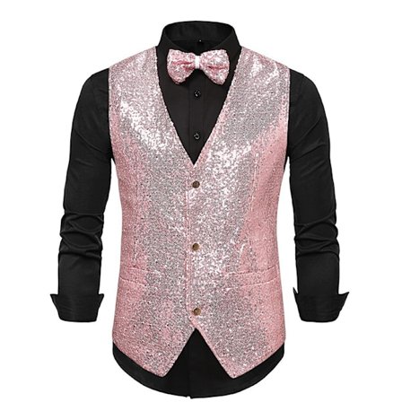 Menn Glitterende Paljettvest V-hals Regular Fit Festantrekk Dress Vest Sløyfe 2 Deler rosa