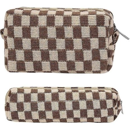 2 stk. Ternede Kosmetiktasker Penalhus Bærbar Rejse Toiletartikler Taske Ternede Penalhuse Makeup Børster Opbevaring Taske Papir Organizer Brun