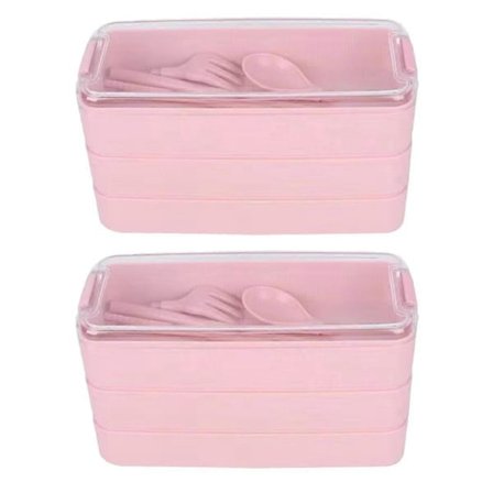 Tre-lags matboks Bento-boks Utendørs matboks Mikrobølgeovn med gaffel og skje Rosa