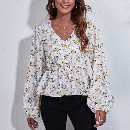 Kvinnor Lantern Ärmar V-hals Blommigt Print T-shirt Baggy Tunika Blus