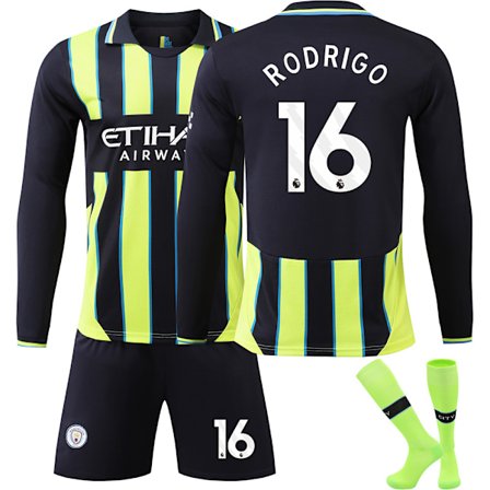 24-25 Manchester City F.C. Langærmet Udebanetrøje NR.16 RODRIGO Trøjer Børn Voksen Fodboldudstyr med Sokker