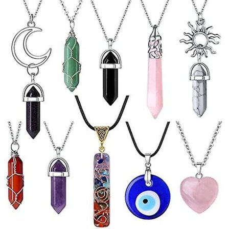 10 stk. Krystall Halskjede Healing Ametyst Krystaller Karneol Chakra Halskjeder Onde Øye Halskjede Vintage Hippie Wiccan Boho Rose Quartz Måne Sol 
