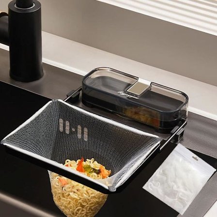 Sugekop Køkkenvask Filterhylde, Vask Afløb Si Kurv, Hylde Netpose Afløbskurv Sugekop Hylde med 100 Filternetposer (Sort)