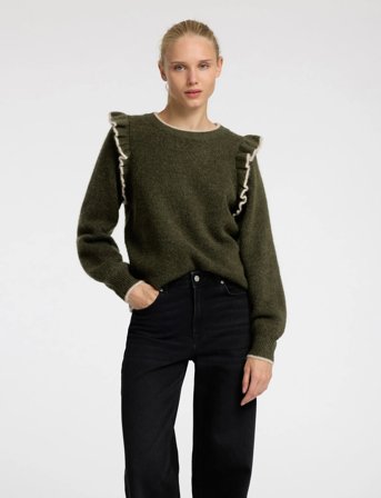 Selected Slfalva Frills Ls Knit O-Neck - Green - XS