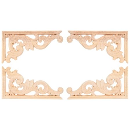 4 stk. udskårne hjørneornamenter i træ, umalede applikationer, dørskabsdekoration i europæisk stil (13*7 cm)