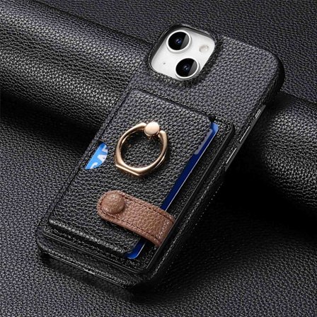 Etui til iPhone 16 svart Pebbled Ensfarget Lommebok med Kortholder Ring