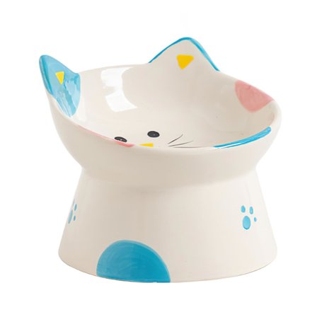 Sød keramisk katskål med hævet design og 15° vinklet spiseoverflade, der beskytter din kats rygsøjle og forhindrer opkastning (Blå).