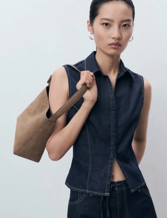 Mango Denim Top With Contrast Stitching - Navy - L