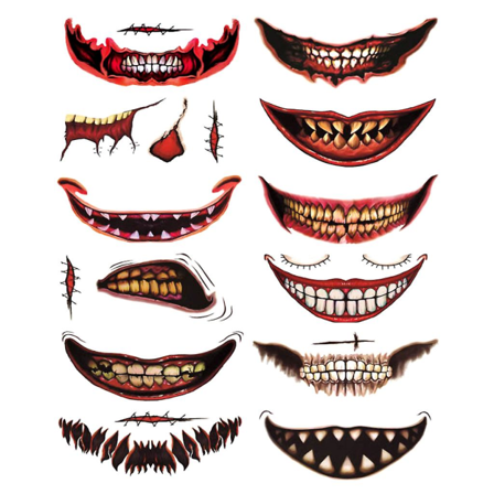 12 stk Halloween Midlertidige Tatoveringer Klovn Gyser Mund Tatoveringsklistermærker Party Props Horror Cosplay Kostume Makeup Props