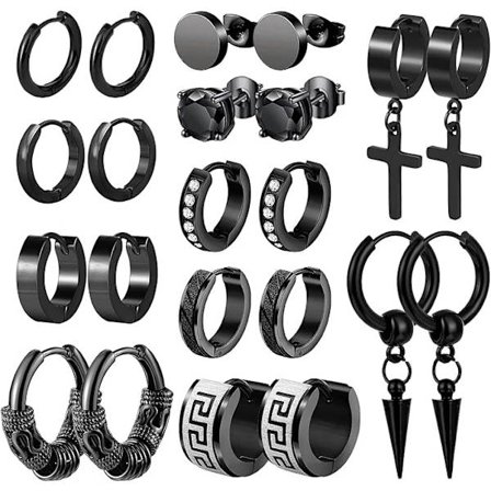 Svarte øredobber i rustfritt stål - Små hoops & korsanheng - Huggie & piercing-smykker for herrefester/fødselsdager 11-par