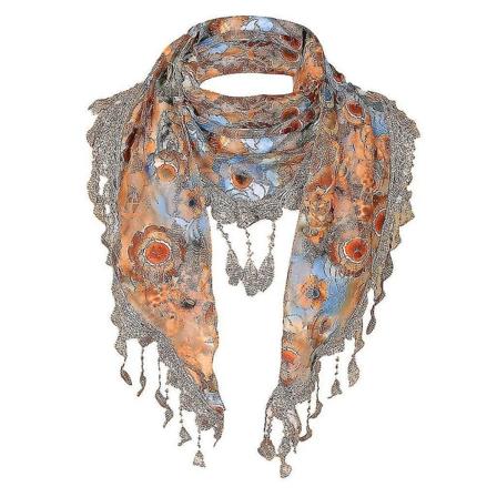 Naisten pitsi- ja tupsukoristeinen monivärinen kukallinen ontto huivi, shaali, kääre