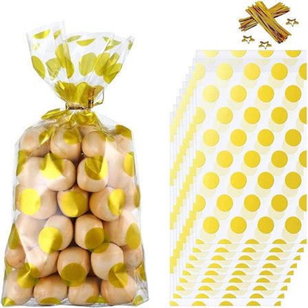 Guldprickar - 50-pack roséguldfärgade presentpåsar med 50 genomskinliga cellofanpåsar