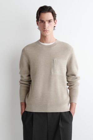 COS Herren Pullover Aus Wolle Mit Rundhalsausschnitt - Beige