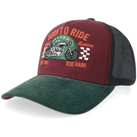 Born To Ride - Rood trucker Cap - Live Free Ride Hard Biker Burgundy Canvas/Forest A-Frame Trucker @ Hatstore