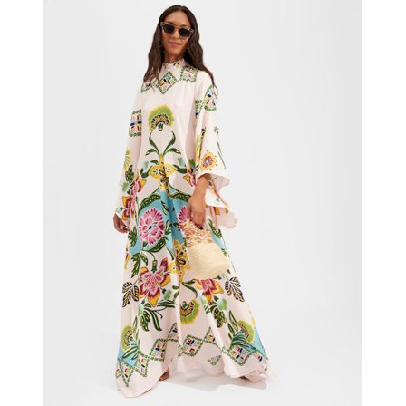 Sommarklänning med tryck, trekvartsärm och ståkrage