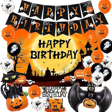 Halloween fødselsdagspynt orange sort - Halloween fødselsdagskulisse orange og sort, Happy Birthday banner, glitter kagepynt, Halloween tema
