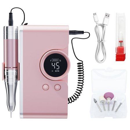 Alt-i-en trådløs elektrisk neglefil med 45-hastigheder, 45000RPM, 2400mAh batteriindikator, USB-C genopladelig og powerbank-funktion Pink