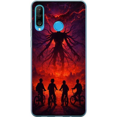 Kompatibelt Mobilskal till Huawei Huawei P30 lite Mörk fantasyillustration inspirerad av Stranger Things med övernaturlig varelse, blixtar och cykla