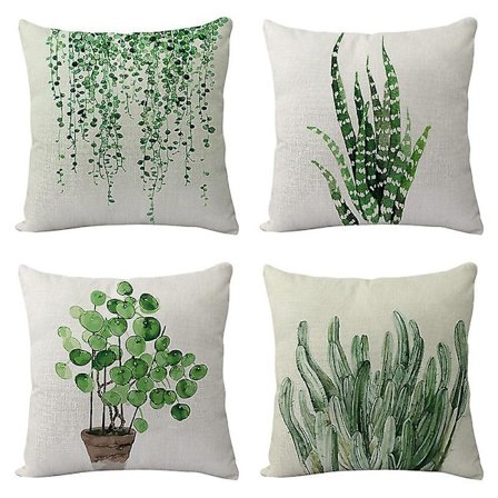 4-osainen tyynynpäällinensetti, käsinmaalattu vesiväri Aloe Vera vihreät lehdet vihreät kasvit koristeelliset tyynynpäälliset Koti sisustus Standard 