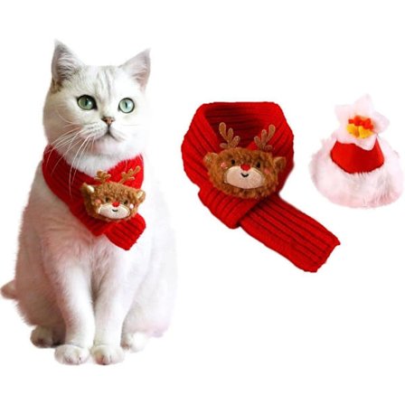 Julehat og Halstørklæde til Kæledyr Kat Hund Strikket Juletilbehør Sæt_TF_TF