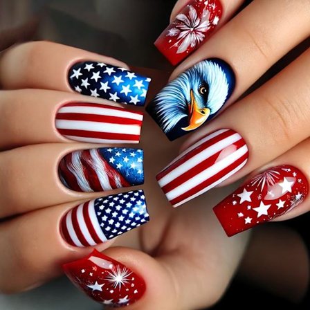 24x Självständighetsdagen Press On Naglar Stjärna Fäst på Nagel Medium Fyrkantig Lös Nagel