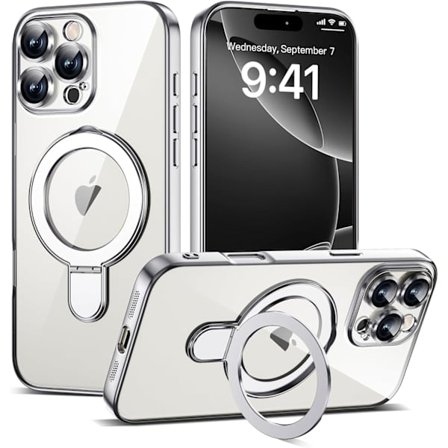 Kompatibel med iPhone 16promax Skal med Magnetisk Ringstativ [Kompatibel med Mag-Safe] [Fullständigt Kameralinsskydd] Pläterad
