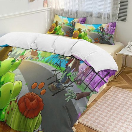 SQ499 Plants Vs Zombies Peittosetti Paksu Pehmeä 3-osainen Vuodevaatesetti Kaikki Vuodenajan Peittopussi 2 Tyynyliinalla Aikuisille Naisille Tytöille 