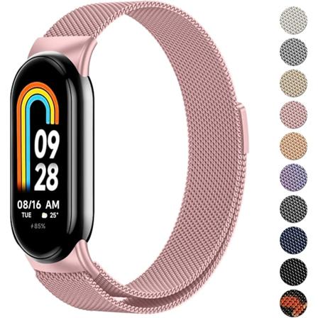 Remm kompatibel med Xiaomi 8 menn kvinner, metall armbånd for Xiaomi Mi Band 8 magnetisk rustfritt stål mesh stropp med sterk magnetisme Rose Powder