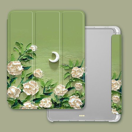 Fodral för iPad 2017/2018 9.7" Moonlight White Rose Airbag Tri fold Pen Slot" Målad Oljemålning