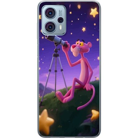 Kompatibelt Mobildeksel til Motorola Motorola Moto G23 Pink Panther Stars motiv med Rosa Pantern som ser gjennom teleskop blant stjerner, sjarmerende