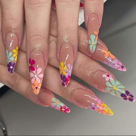 Lang Press-on Negler Mandelformede Kunstige Negler Farge Blomst Lim-på Negler Design Sommer Kunstig Neglesett Full Dekning Akryl Manikyr for Kvinner