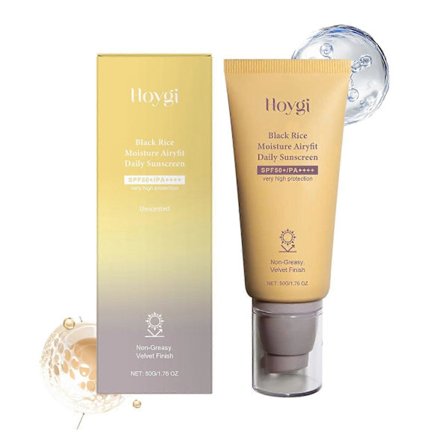 Musta riisi kosteuttava aurinkovoide kasvoille, laajaspektrinen SPF 50 suoja, ei rasvainen, samettinen lopputulos, ei valkoista jälkeä, kaikille 