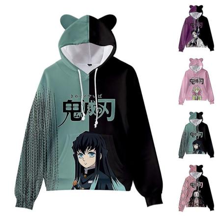 Unisex Demon Slayer-trykt hettegenser genser Casual Pullover Cat Ear Hettegenser Topper Green M