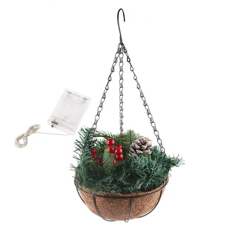 Konstgjord julhängande korg flockad med blandade dekorationer och vita LED-lampor utomhusdekoration