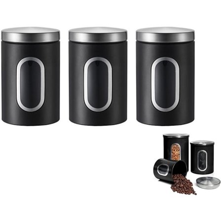 Kahvin säilytyspurkki, 3 mustan säilytyspurkin pakkaus ikkunalla, kahvipurkki, kahvisäiliöt, metallinen ilmatiivis säilytyspurkki ikkunalla, 